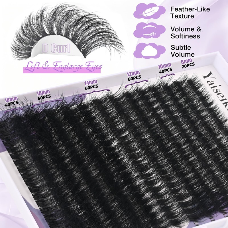 Yaiseiko 280Pcs 80D Wispy Lash Clusters 8-18MM Plant Fiber Individual