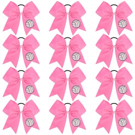 12 PCS Volleyball Cheer Bows 8" Large Hair Bows Ponytail Holders for Girls Cheerleader Sports Team Spirit Accessories Game Day School Party Handmade Glitter Streamer Hair Ribbons Bulk