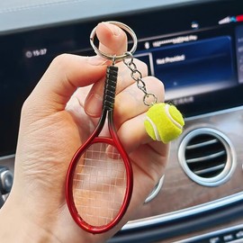 Tennis Racket Keychain Sports Keychain Red Tennis Racket with Ball Key Chain Mini Keyring Split Ring Red Color Mini Tennis Racket with Ball Keychain Key Ring Creative Metal Keychain Sport Keyring Gift