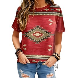 Women's Southwest Tribe Printed T-Shirt Boho Style Casual Round Neck Top Aztec Geometric Bull Head Pattern Shirt (Red4,Small)