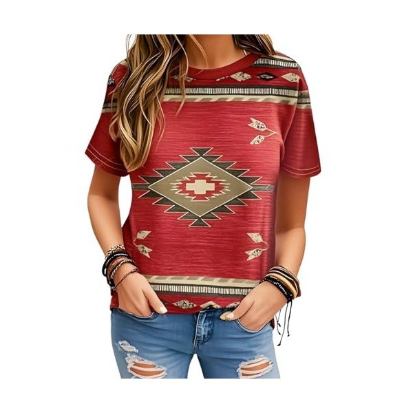 Women's Southwest Tribe Printed T-Shirt Boho Style Casual Round Neck