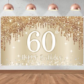 Happy 60th Birthday Banner Backdrop Decorations for Women, Gold White 60 Birthday Sign Party Supplies, Sixty Year Old Birthday Photo Booth Background Poster(72.8 x 43.3 Inch)