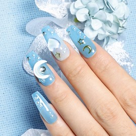 JODSONE Press on Nails Ocean Theme Square Handmade 3D Fake Nail Tips Reuseable Fashionable Design Long Lasting Fit Easy to Create Exquisite Fingertips- Medium