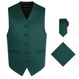 Oliver George 3pc Men's Vest and Tie Set For Men + Handkerchief | Men's Tuxedo and Suit Vest | Solid Formal Waistcoat | Forest Green Large