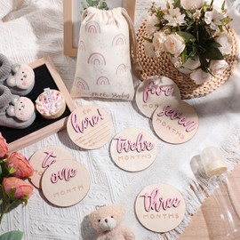 Burbell 3D Baby Monthly Milestone Cards Sign 7 Pack Double Sided Wooden Circles Discs Baby Announcement Sign Hello World Newborn Sign for Baby Shower Newborn Photo Props (Pink)