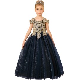 Formal Girls Tulle Long Pageant Dresses Prom Ball Gown Gold Lace Beaded (Size 6, Navy)