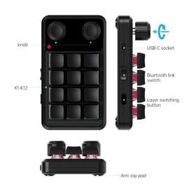 Mini Macro Programmable Keypad, One Handed Custom Programmable Gaming Keyboards Multifunction 12 Keys 2 Knobs Compatible for Mac OS,Windows,Vista, Macro Keypad Suitable for Office Gaming Lab (Black)
