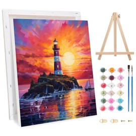 Jawecci Sunset Scenery Framed Painting by Numbers Kits for Adults, Lighthouse Paint by Numbers with Wooden Holder Canvas, Easy DIY Pigment Drawing Paintwork 30x40cm
