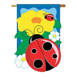 Two Group - Ladybug Garden Friends - Everyday Bugs & Frogs Applique Decorative Vertical House Flag 28" x 44"