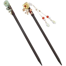 2Pcs Chinese Style Flower Tassel Hair Sticks, Traditional Imitation Jade Wooden Hairpins with Bead Pendants Hair Accessories for Women Girls (Style 1, One Size)