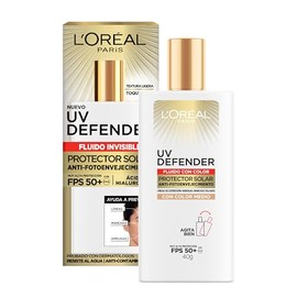 L'Oréal Paris Protector solar facial FPS50+ UV Defender Fluido Invisible Tono Medio, 40ml - Protección solar facial ultra ligero, -50% manchas y -30% arrugas debidas al sol, con Ácido Hialurónico