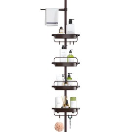 ALLZONE Shower Caddy Corner Organizer for Bathroom,Bathtub Shampoo Storage Holder Rack with Rustproof Stainless Tension Pole,4-Tier Adjustable Shelves,Stand on Floor,56-114 Inches Height,Brown