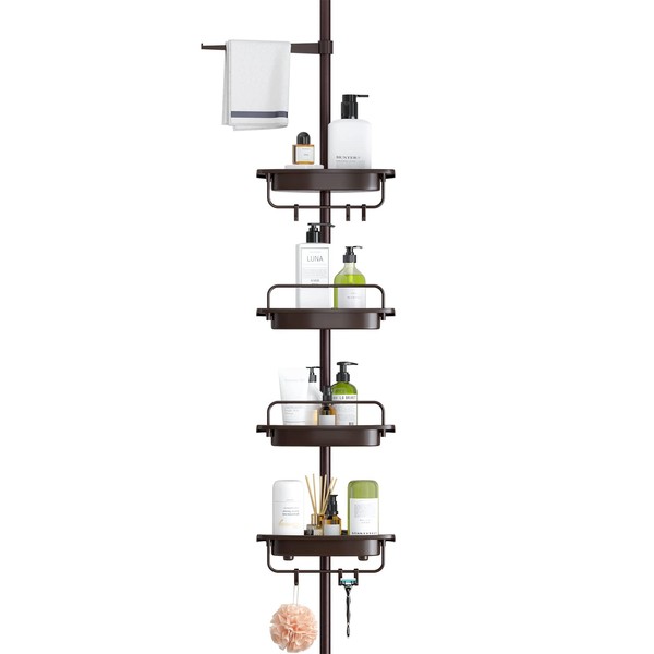 ALLZONE Shower Caddy Corner Organizer for Bathroom,Bathtub Shampoo Storage Holder Rack with Rustproof Stainless Tension Pole,4-Tier Adjustable Shelves,Stand on Floor,56-114 Inches Height,Brown