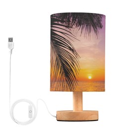 YYZZH Table Lamp Sunset Ocean Palm Tree Tropical Summer Nightstand Lamp with Wood Base Fabric Lamp Shade Bedside Desk Lamp for Living Room Bedroom Kids Room Office