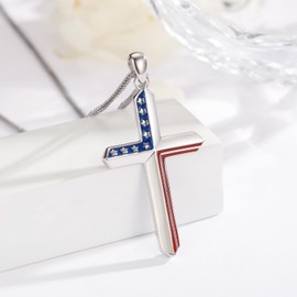 KoyeKei American Flag Necklace for Women Men 925 Sterling Silver Cross Red White and Blue Pendant Necklaces Fourth of July Jewelry Patriotic Memorial Day Gifts