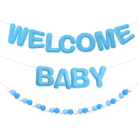 Kelfara Felt Welcome Baby Shower Banner - Prestrung 9 ft Blue Welcome Baby Sign with 28 Balls Banner for Gender Reveal, Baby Party Decorations, Birthday Supplies, Ideal for Newborn Celebrations