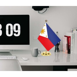 Philippines Desk Flag,12 inch Tall Small Filipinos Indoor Banner,Tiny Printing Decor For Office Home Table Meeting With Golden Metal Pole Base