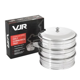 VJR Stainless Steel Communion Tray Set with Cover - Pack 3 Holds 120 Food-Grade Cups | Durable, Polished Church Communion Servingware for Worship Services