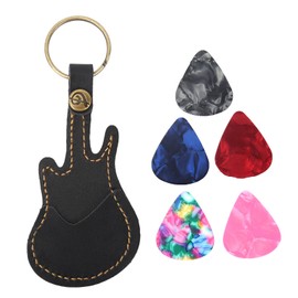 Haosie Leather Guitar Pick Holder, Black Guitar Accessories, Plectrum Holder with 5 Picks, Portable Pick Case for Musicians, Gigs, Practice