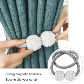 Magnetic Curtain Tiebacks (2 Pack) Pearl Ball Curtain Magnetic TieBacks Weave Rope Drape Tie Backs for Home, Office, Hotel Window Decorative, Grey