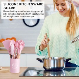 Vivicreate Silicone Cooking Utensils Set with Wooden Handles & Holder – 446°F Heat Resistant Non-Stick Kitchen Utensil Set, BPA-Free Silicone Kitchen Gadgets for Cooking, Baking & Frying (Pink)