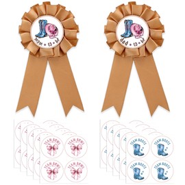 2 PCS Dad and Mom To Be Tinplate Badge Pin with 40 PCS Team Bows Team Boots Gender Reveal Stickers, Boots or Bows Gender Reveal Decorations for Baby Shower Birthday Party Supplies