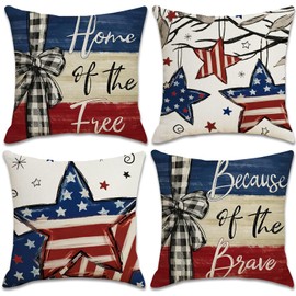 4th of July Pillow Covers 16x16 Inch Set of 4 Patriotic Stars & Stripes Style, Patriotic Red White and Blue Throw Pillow Covers,Summer Outdoor Couch Decor, Independence Memorial Day Party Decorations
