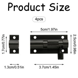 Bojueshaw 4pcs Barrel Bolt Lock,2 inch Stainless Steel Square Door Latch Bolt,Heavy Duty Black Door Bolt Latch for Doors,Cabinets,Fence Gate