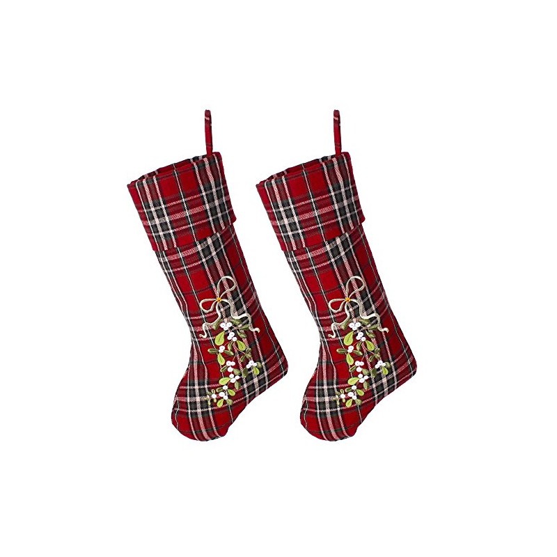Dibor Set of 2 Festive Tartan Stockings with Mistletoe Embellishment