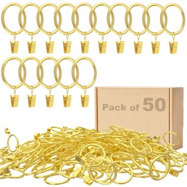 Curtain Rings with Clips, 50Pack Metal Drapery Clips Hooks, Decorative Curtain Rod Clips 1.5 in Interior Diameter, Vintage Gold