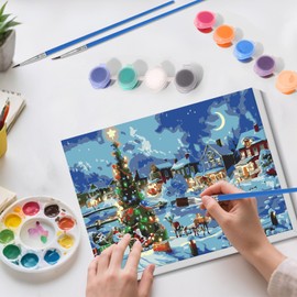 Skyboda Christmas Paint by Numbers Kit for Adults Beginners with Frame, Christmas Night Adult Paint by Number Kits on Canvas, Easy DIY Oil Painting Kits for Home Decor, 8x12in