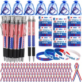 Trandraft 400Pcs 4th of July Patriotic Gift Bulk Patriotic Pens American Flag Lapel Pins Bracelets Organza Gift Bag Set for Independence Day Valentine's Party Supplies Home School Office(Design)