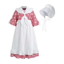 RAINDEWLL - Vestido de pionera para niñas, disfraz colonial de Laura Ingalls, rojo 4-12 años