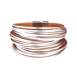 Fesciory Leather Wrap Bracelets for Women, Boho Leopard Multi-Layer Crystal Beads Cuff Bracelet Jewelry (Short Silver)