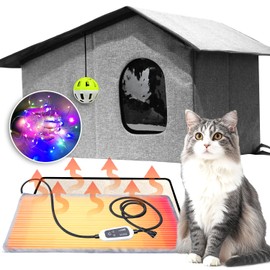Heated Cat House for Outside-Waterproof & Windproof Outdoor Cat Shelter with Removable Heating Pad & LED Lights for All Seasons (Gray, 12"x24")