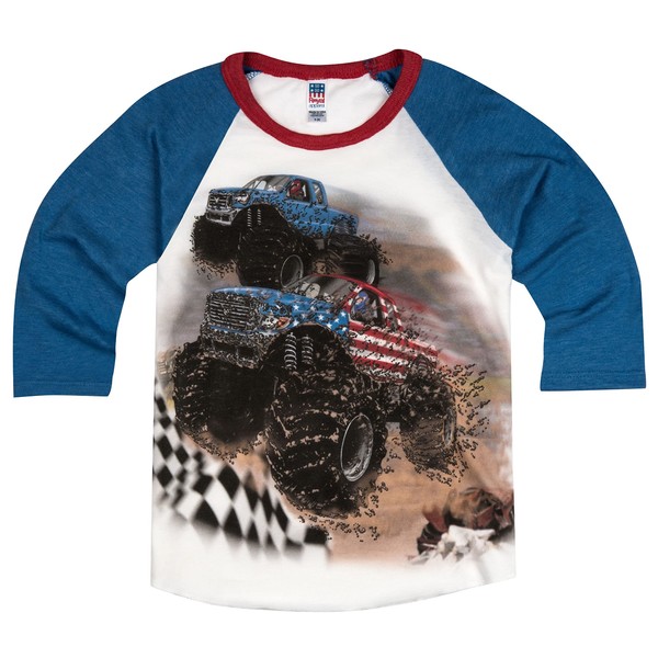 Shirts That Go Little Boys GO USA Monster Trucks Racing Raglan Camiseta para niño, Azul / Patchwork, 4