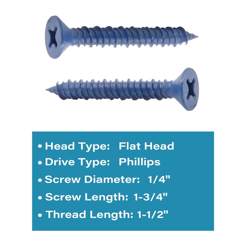 IMScrews 1/4" x 1-3/4" Blue Flat Head Concrete Screws for