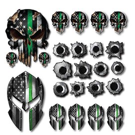Variety Pack of 22 Thin Green Line Spartan Helmet Skull Bullet Holes Molon Labe Decal Sticker Molon Labe Sniper USA Flag (22 Pack)