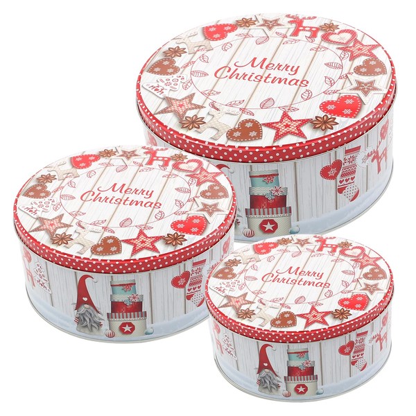 Set of 3 Metal Tins with Christmas Cookie Decorations, Merry