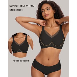 Gailife Womens V Mesh Wireless Bras Comfortable Supportive Bralettes No Underwire Seamless Push Up Brassiere-Black-XL