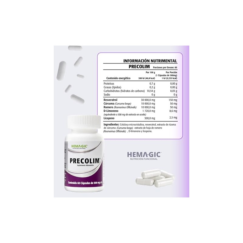 Precolim - Resveratrol, C?rcuma, D-limoneno, Licopeno y Romero