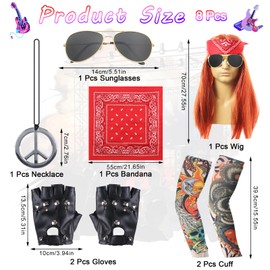 Moiuguli Men's Rocker Costume, 70s, 80s, 90s Outfit, Punk, Disco Rave with Wig, Headband, Sunglasses, Gloves, Tattoo Sleeves, Peace & Love Necklaces, Fancy Dress Costumes, Men, Pack of 8