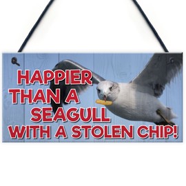 RED OCEAN Happier Seagull Funny Nautical Seaside Theme Gift Hanging Plaque Bathroom Inspiration Sign
