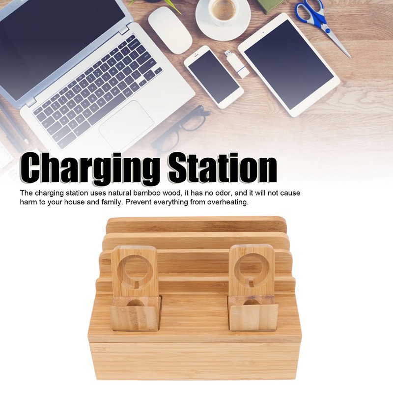 Bamboo Charging Station Multifunction 5 Ports Charging Station Rack for
