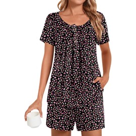 Bestbee Womens Pajama Sets 2 Piece Summer Sleepwear Henley Neck Short Sleeve Short Pant With Pockets Ladies Pjs, L, Little Flower Black