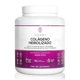 Vitasei Colágeno Hidrolizado Base Soya Sabor Coco Edulcorantes Resveratrol Extracto Uva 450g Porciones 15g Azúcar Mujeres Hombres Uso Diario