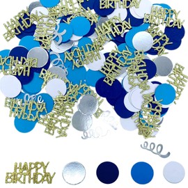 CUVZORA 200 Stück Happy Birthday Konfetti Gold & Blau – Geburtstags Tischdeko mit Luftschlangen, Streudeko für Party (Deko für Frauen & Männer)
