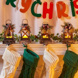 Christmas Stocking Holders for Mantel Set for 4, 4 Pack Lantern Stocking Hangers for Mantel, Retro Light up Christmas Stocking Hooks for Home Indoor Fireplace Window Counter Xmas Decoration