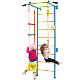 Costzon Costzon 5 in 1 Climbing Toys for Toddlers, Indoor Kids Gym for Exercise, Steel Ladder Wall Set with Wall Ladder, Pull-up Bar, Rope, Gymnastic Rings, Solid Wall Set up, Climber Ladder Boys Girls Gift