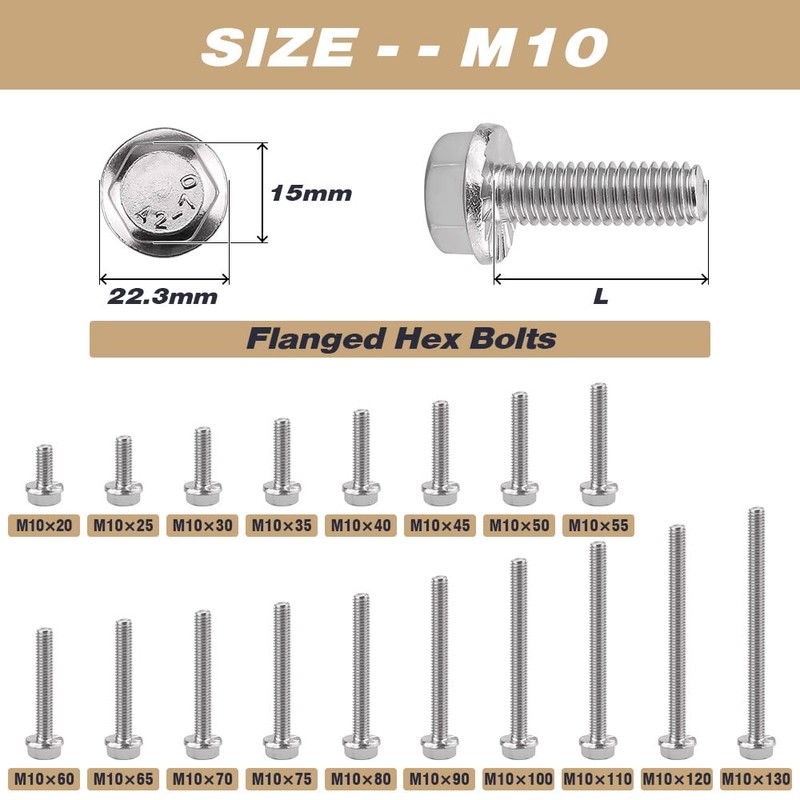 M10-1.5 x 90mm (6 pcs) Flanged Hex Bolts, 304 Stainless